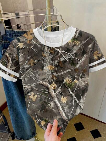 Resyla Women's T-Shirts / All-Over Leaf Print / Fashionable Sweatshirts / Digital Print / Casual And Simple Stylish Tops / Women's Loose Casual Round Neck Color-Blocked T-Shirts / Spring/Summer
