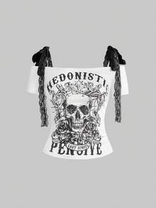 ROMWE Goth Y2K Retro Skull Print Short Sleeve Lace-Up 2 In 1 Crop Top - White - View 1