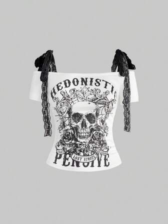 Goth Y2K Retro Totenkopf Muster Kurzarm Schnürung 2 in 1 Crop Top