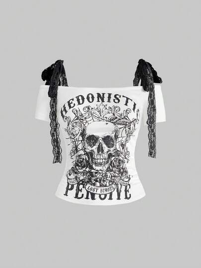 Goth Top court 2 en 1 à lacets avec imprimé crâne rétro Y2K