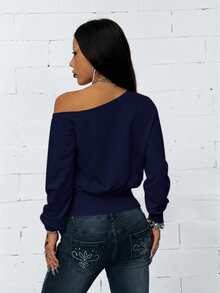 Coolane Women's Fall Streetwear Casual Going Out Minimalist Daily Wear Essentials Fashion Asymmetrical Neck Grey Fitted Sweatshirt,Fall,Fall Clothes For Women,Women's Winter Clothes - Navy Blue - View 5