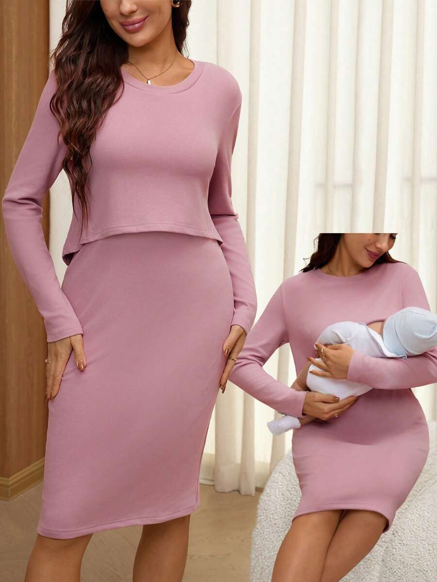 SHEIN 纯色休闲长袖宽松孕妇连衣裙 - 粉色 - 查看 1