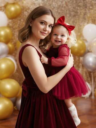 Elegant Velvet Burgundy Long Sleeve Dress