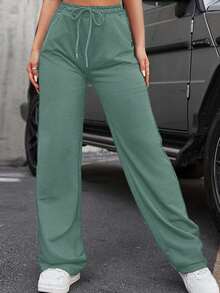 SHEIN Cottnline Pantalones Cargo De Cintura Con Cordón De Color Liso Para Mujer - Verde - Ver 5