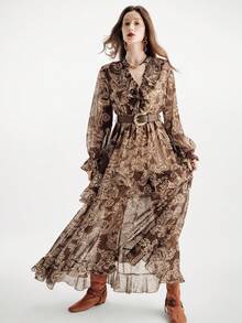 Aveloria Modichic Vestido de manga larga con cuello de volantes, cinturón de cintura y estampado de flores de anacardo arrugado de gasa vintage, otoño - Multicolor - Ver 6