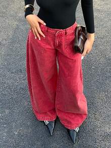 Muchica Red American Retro High Street Wide-Leg Jeans, New Autumn/Winter Style, Banana Pants, Ankera Red Loose Wide-Leg Jeans.Christmas Red Jeans Party Pants - Burgundy - View 5