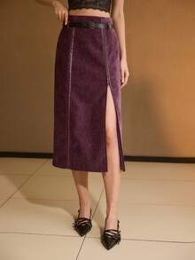 MOTF PREMIUM CONTRAST PU LEATHER PIPING SPLIT SIDE SKIRT - Purple - View 4