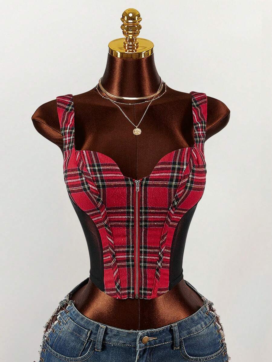 Amplova 女士格子紧身胸衣，网纱拼接，性感低胸设计 - 彩色 - 查看 1