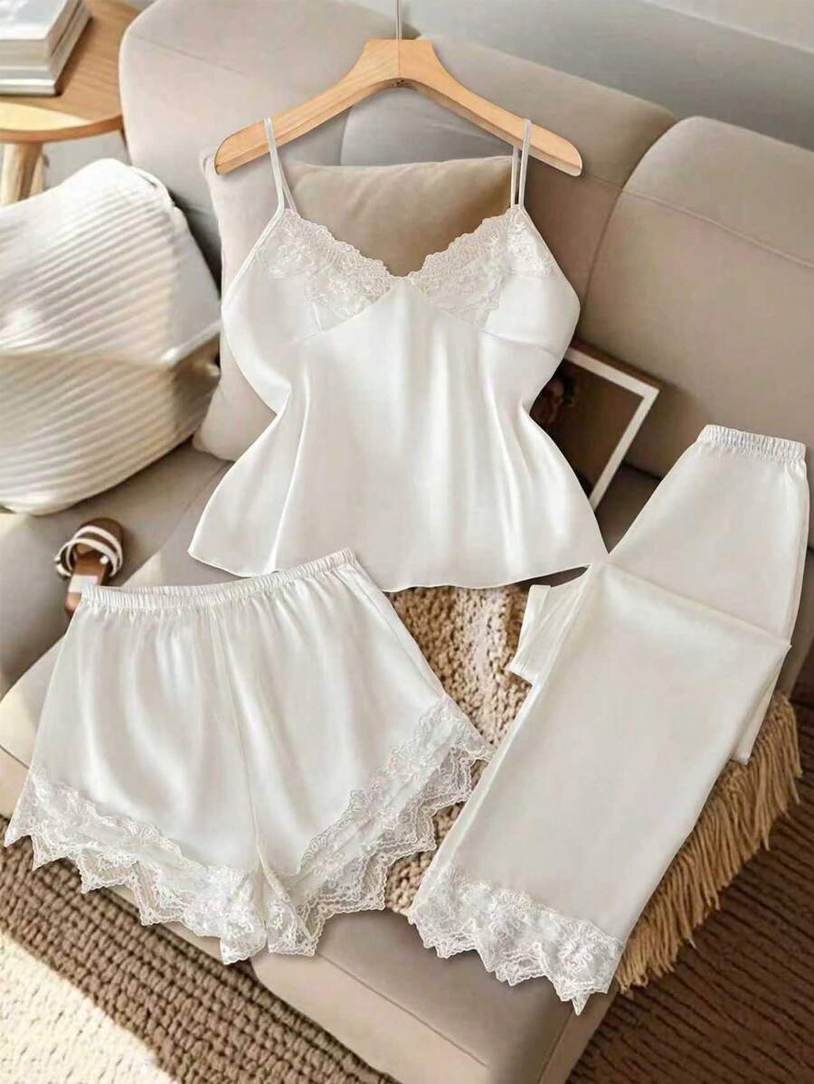SilkySpell Lace Trim Spaghetti Strap Shorts And Pants 3pcs Sleepwear Set Pajama Set White Set - White - View 1