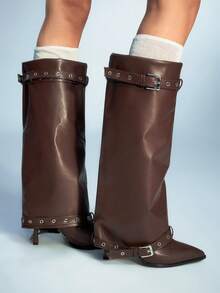 Sugerpunk Women's Adjustable Buckle High Heel Pant Boots, Fashion & Commuter For Christmas - Coffee Brown - View 4