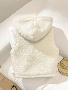 SHEIN 少女休闲街头风舒适双面抓绒连帽拉链短款无袖外套，杏色