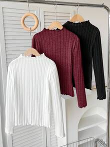 SHEIN 3件套少女秋冬罗纹立领修身长袖上衣，休闲百搭套头衫 - 酒紅色 - 查看 2