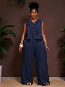 Veslaya 大码纯色休闲吊带背心和裤子套装，简约两件套，藏蓝色连体裤长裙两件套，藏蓝色长款连衣裙连体裤，女士阔腿裤 - 藏蓝色 - 查看 11