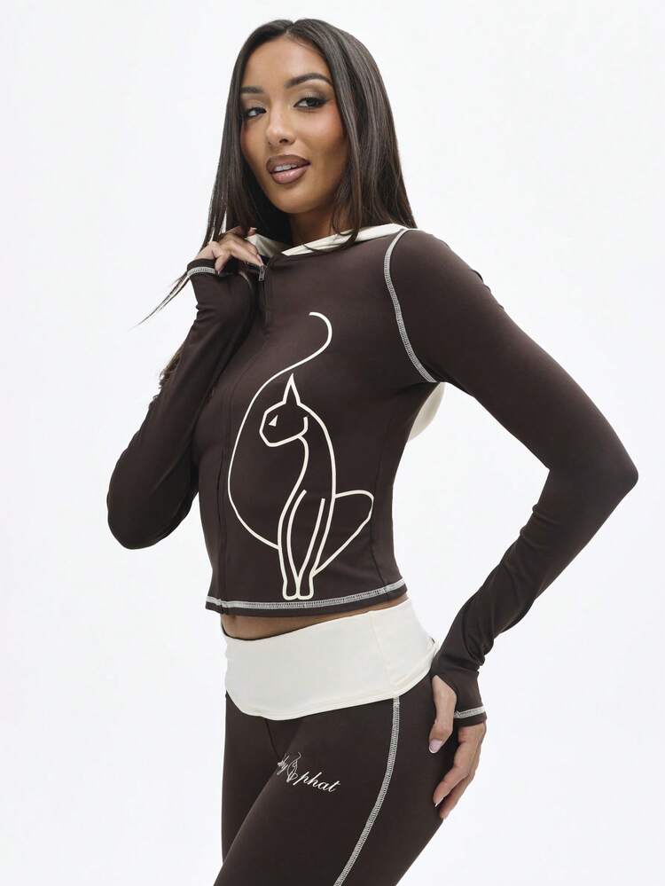 BABYPHAT Zip Up Hooded Top With Contrast White Trim And Hood Detail Long Sleeve Fitted Cropped Design Cat Silhouette Print