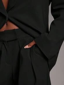 NYA SZN Lydia 高腰直筒褶裥裤脚，商务休闲日常办公教师返校季复古早午餐秋冬夏季国王日女裤 - 黑色 - 查看 3