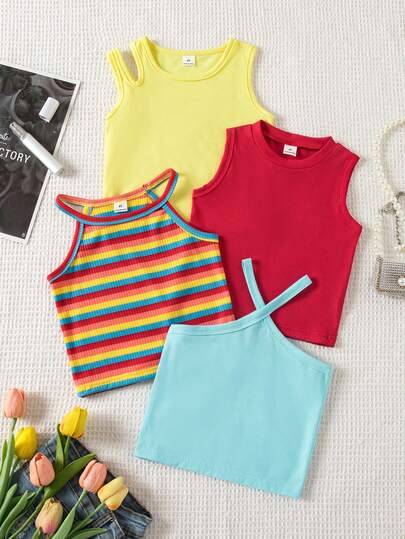 SHEIN Young Girl Ribbed Casual Versatile Tank Top In Various Necklines
