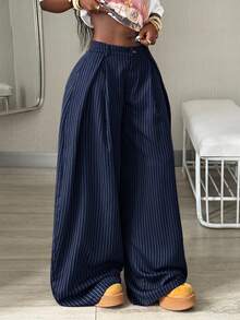 Coolane Women's Fall/Winter Cool Girl Vintage Casual Streetwear Going Out Oversized Brown Curved Hem Pants Pants Striped Blue Cargo Pants - Navy Blue - View 1