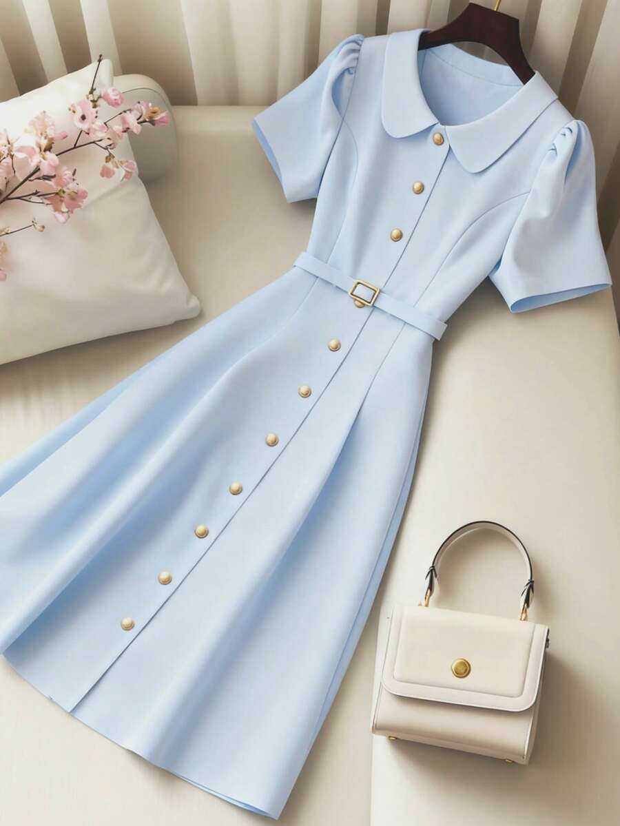 Franclia Women's Simple Front Button Short Sleeve Sheath Dress, Commute Friendly Summer - Blue - View 1