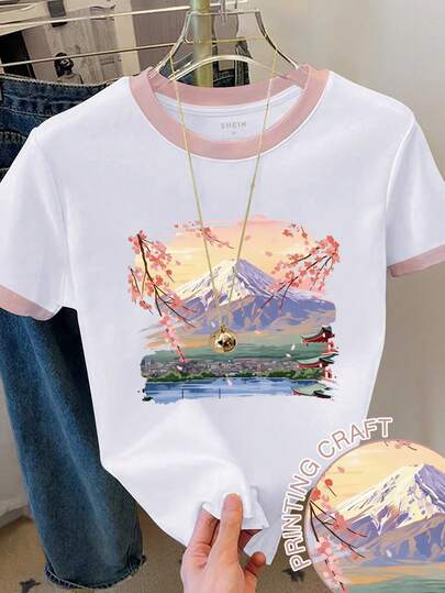 Resyla Women's Colorblock Mountain Print Short Sleeve Casual Round Neck T-Shirt
