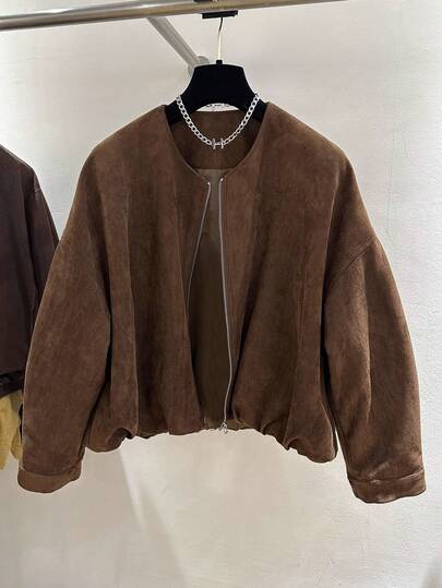 Franclia Vintage Loose Casual Plus Size Women Solid Color Drop Shoulder Long Sleeve Jacket