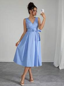 Rafferiza Váy xếp ly cổ chữ V thanh lịch, không tay, họa tiết nhăn, phù hợp đi làm, đi chơi và hẹn hò, mọi mùa - Màu xanh lam - Xem 1