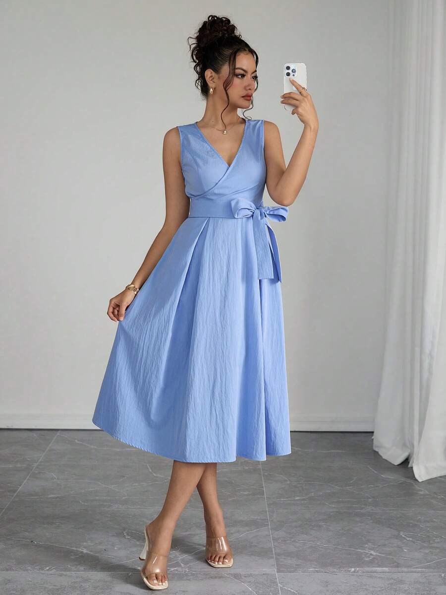 Rafferiza Váy xếp ly cổ chữ V thanh lịch, không tay, họa tiết nhăn, phù hợp đi làm, đi chơi và hẹn hò, mọi mùa - Màu xanh lam - Xem 1