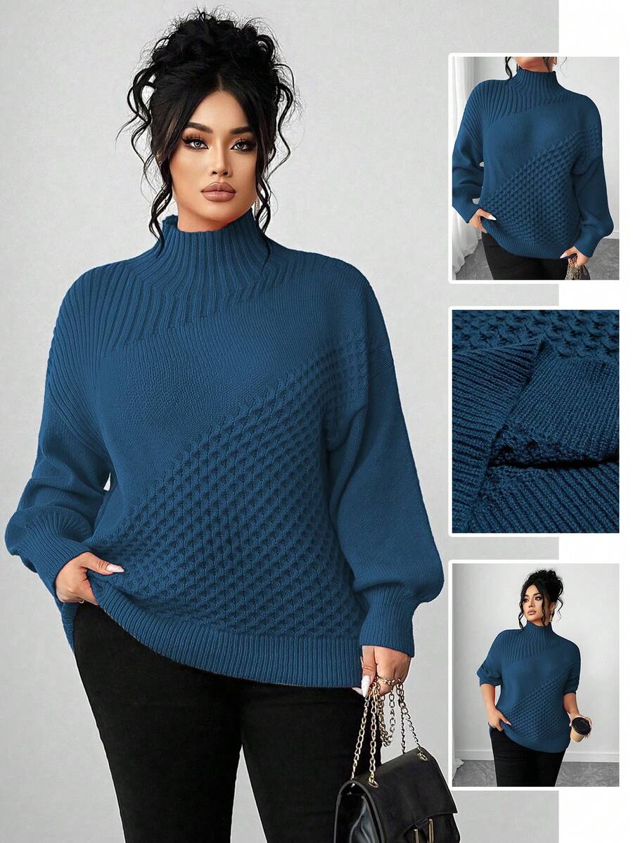 Elenzga Plus Size Women's Solid Color Turtleneck Knit Pullover Sweater, Versatile For Daily Wear, Winter - Royal Blue - View 1