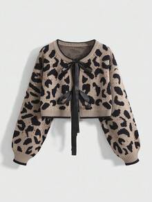 ROMWE Kawaii Set de 2 piezas de suéter de mujer con decoración de lazo de estampado de leopardo - Multicolor - Ver 3