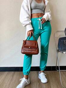 Mujer pantalón deportivo casual corte ajustado cintura elástica bolsillos largo primavera verano entrenamiento diario jogger - Cyan - Ver 3