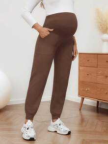 SHEIN Pantalones deportivos de maternidad con bolsillos y cintura elástica - Marrón - Ver 1
