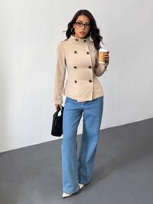 SHEIN PETITE Women's Autumn New Style Stand-Up Collar Long-Sleeved Double-Breasted Waist Trench Coat, Suitable For Daily Street Wear - Khaki - View 11