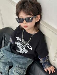 DAZY Kids Fall Clothes, Boys (Toddler) Loose Fit Round Neck T-Shirt, Plaid Sleeve & Letter Print, Casual