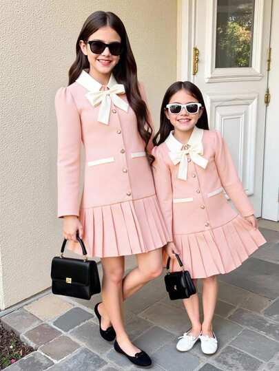 SHEIN Explorewe 优雅学院风褶皱领长袖连衣裙，适合青少年女孩，可用于上学、通勤、外出、聚会、购物等场合，可搭配夹克、外套、羽绒服。