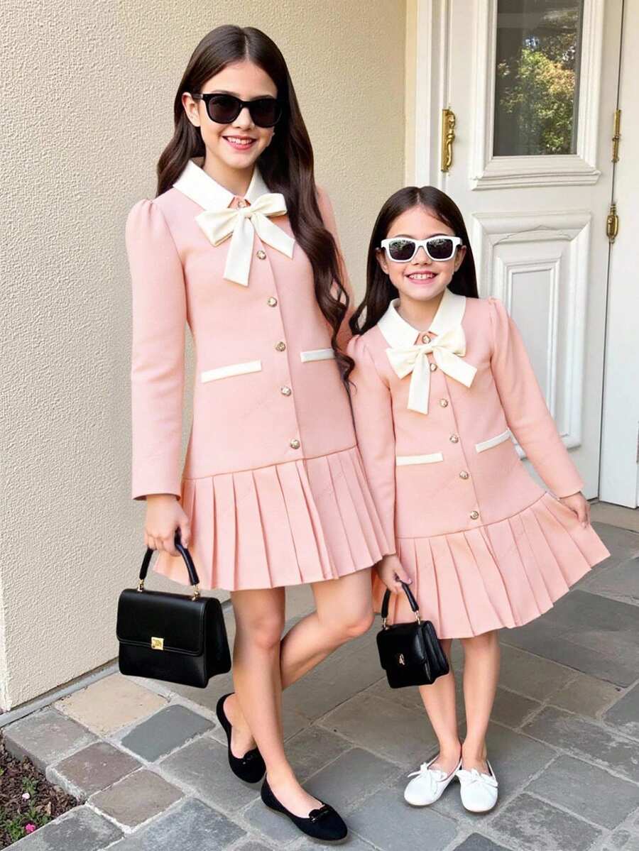 SHEIN Explorewe 优雅学院风褶皱领长袖连衣裙,适合青少年女孩,可用于上学、通勤、外出、聚会、购物等场合,可搭配夹克、外套、羽绒服。 - 粉色 - 查看 1
