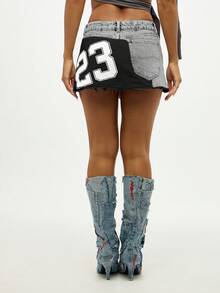 SUMWON WOMEN Denim Mini Skirt With Number Patchwork Frayed Hem Distressed Festival Style - Grey - View 2