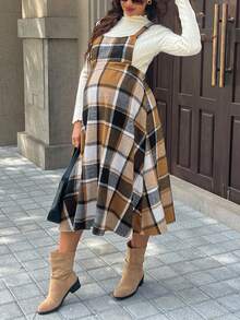 SHEIN 卡其色格纹收腰A字孕妇中长连衣裙 - 彩色 - 查看 4