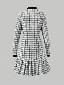 SHEIN 少女蝴蝶结装饰千鸟格印花长袖褶裥下摆可爱连衣裙 - 白色 - 查看 2