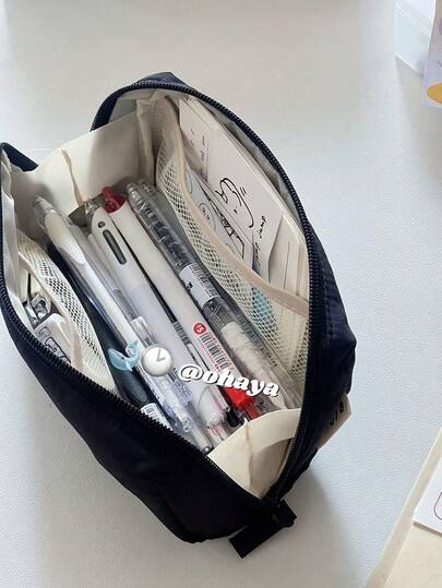 Ins-Inspired High-Quality Solid Color Pencil Case, Dirt-Resistant Black, Large Capacity Student Stationery Storage Bag