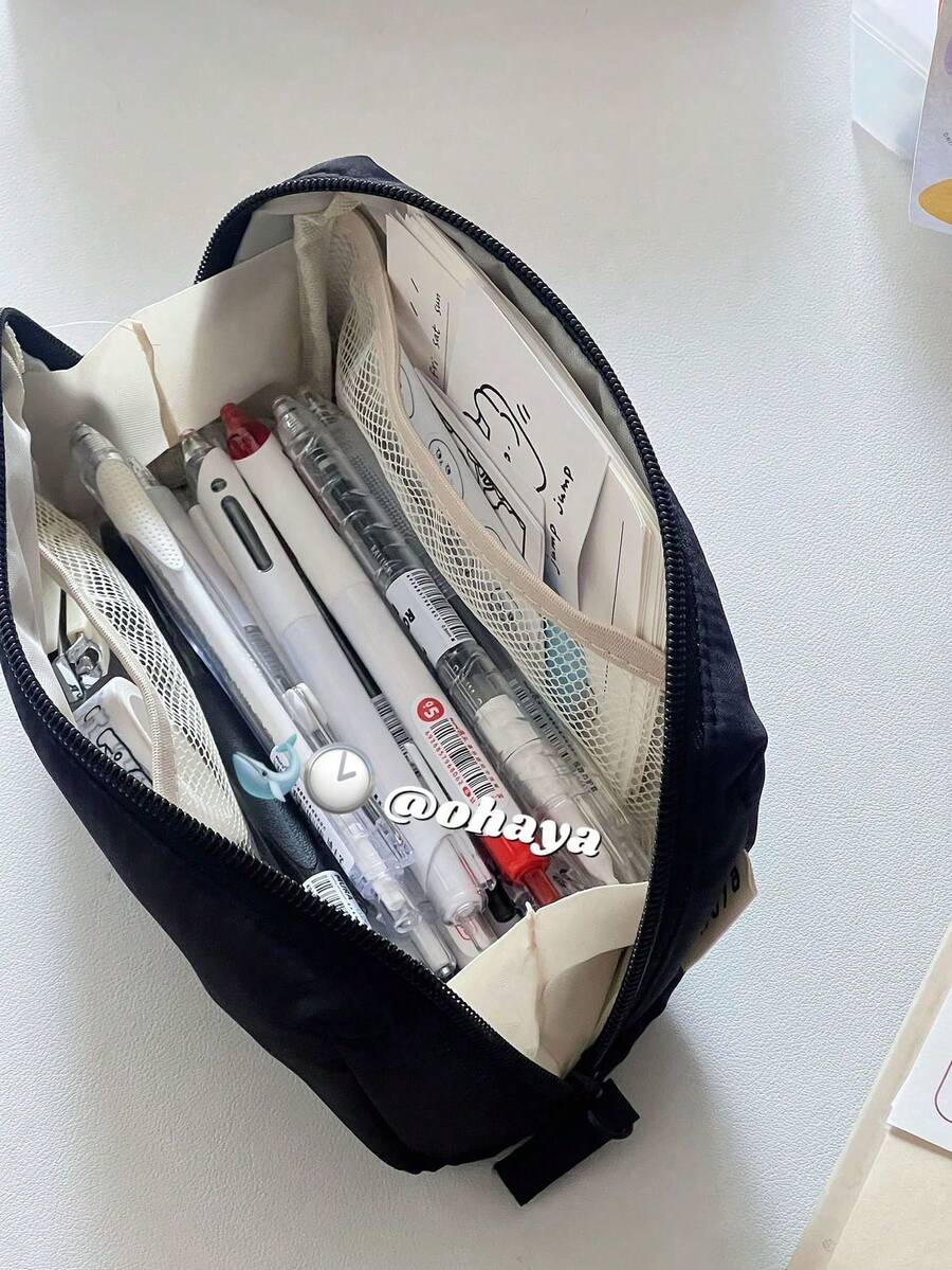 Ins-Inspired High-Quality Solid Color Pencil Case, Dirt-Resistant Black, Large Capacity Student Stationery Storage Bag - Multicolor - View 1