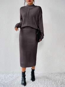 RosyDaze 女士纯色高领落肩长袖毛衣和针织半裙两件套，秋冬季休闲装 - 深灰色 - 查看 6