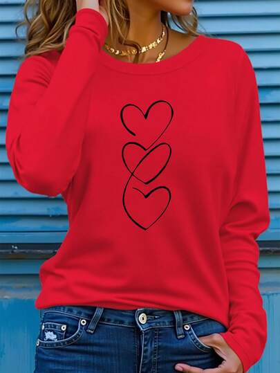 INAWLY 爱心印花圆领长袖T恤，艺术爱心图案休闲T恤，女士度假装，春季，女士度假服饰，春夏款