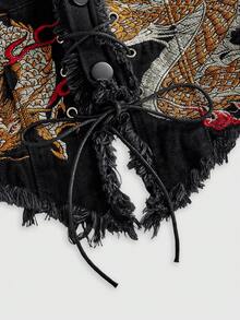 ROMWE Women's Retro Motorcycle J-Fashion New Chinese Style Embroidered Halter Sexy Denim Top