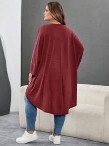 SHEIN CURVE+ 大码宽松蝙蝠袖下摆不对称前短后长T恤，圆领，纯色，弹力柔软，舒适百搭，时尚百搭，适合日常穿着，秋季女装，冬季，加大码/秋冬 - 中紫紅色 - 查看 2