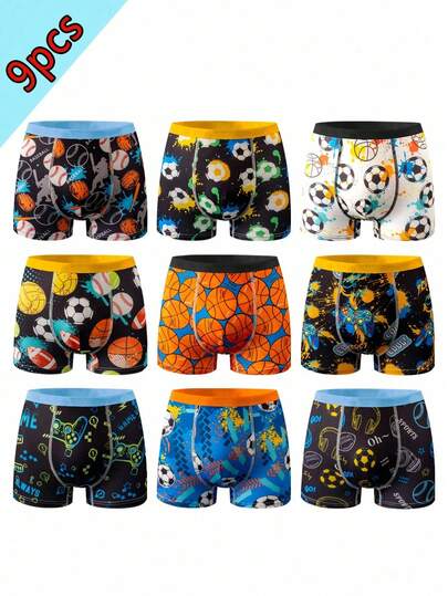 Teen Boys Trunks-9 Pack Sports Balls Planet Rockets Graphics Elastic Waistband Stretch Comfortable Fit Four Seasons All Year Assorted Colors Black Blue Yellow Orange White Active Play Print Gift 2026 Holiday Essential