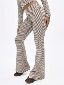 BABYPHAT 条纹高腰喇叭裤，翻折腰带，横条纹喇叭裤型，弹力罗纹面料，秋冬休闲款 - 咖啡棕 - 查看 3