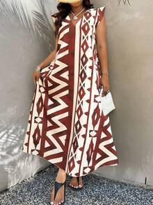 SHEIN Clasi Plus Size Random Print Sleeveless Dress - Multicolor - View 3