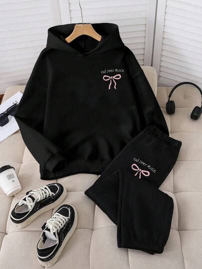 Sparklyn Teen Girl Fall Sets Casual Fashion Creative Personalized Fresh Minimalist Pink Bow Decor Letter Slogan Graphic Print Hoodie And Sweatpants Set, Comfortable Outfit Suitable For Autumn/Winter Teenage Girls, Sets Bow Clothes Teen Clothes Set Teen Sweat Set Teen Hoodie Set