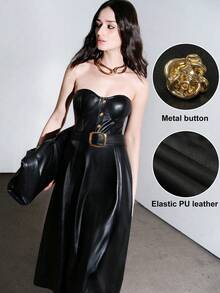 Lumivelle Women's Fashion Solid Color A-Line Metal Belt Slim Fit Strapless Black Party PU Leather Dress - Black - View 7