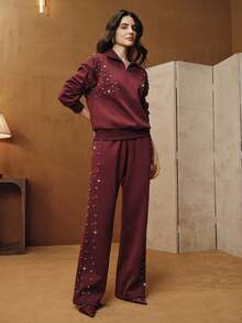 Anewsta Celana Jogging Longgar Berbahan Termal dengan Hiasan Rhinestone, Lapisan Dalam, Warna Merah Burgundy, Kaki Lebar, Modis, Cocok untuk Festival, Musim Semi, Payet, Chic, Kasual - Burgundy - View 5