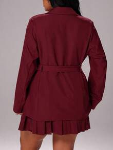 Rustia Plus Size Solid Color Loose Waist Blazer And A-Line Pleated Skirt Set, Women Autumn Outfit - Burgundy - View 2